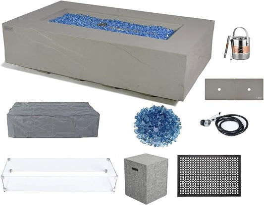 Elementi+ | Bundle Meteora Gas Fire Pit Cast Concrete 56" Rectangular Fire Table, Outdoor Fire Pit Electronic Ignition | Canvas Cover, Fire Glass and Burner Lid Included | Light Gray | Propane Gas