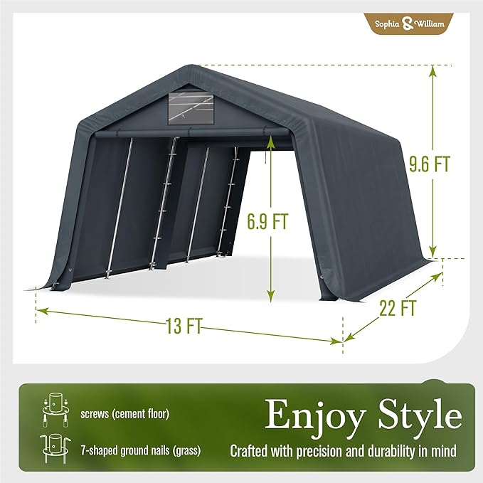 Sophia & William Carport Storage Shed 13x22 ft Portable, Heavy Duty Car Port Canopy Garage Shelter with Sidewalls and Roll Up Doors for Automobile Boat Motorcycle Bike, Gray