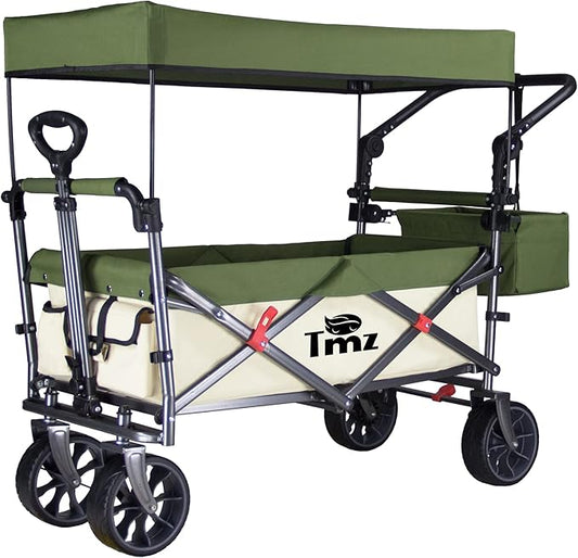 TMZ Collapsible Folding Outdoor Utility Wagon with Removable Canopy - 265lbs Heavy Duty Trolley with Rubber Wheels, Adjustable Handles, Rear Basket, for Shopping, Picnic, Camping (Beige/Green)