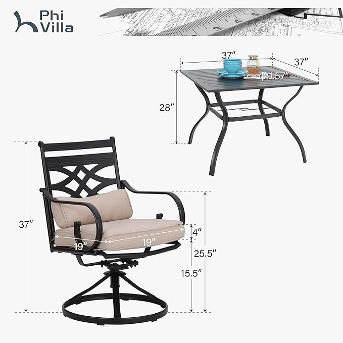 PHI VILLA 5 Pcs Patio Dining Sets,Outdoor Table Chair Set for 4 with Outdoor Swivel Chairs and Metal Frame Steel Square Table,Outdoor Dining Furniture with Cushion and Pillow for Garden Lawn Deck
