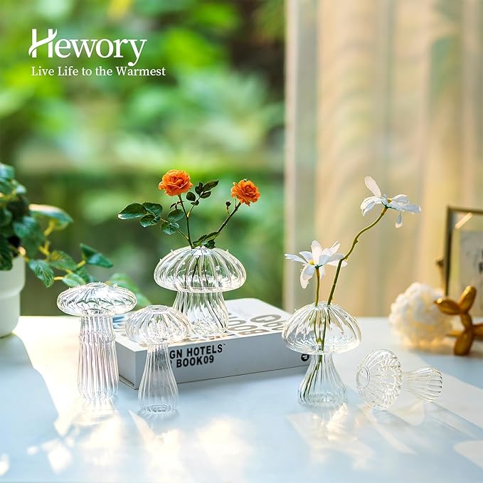 Mushroom Jars for Plants, Hewory 5pcs Clear Glass Mushroom Bud Vase for Flowers, Unique Plant Propagation Stations Propagating Vases Decor, Mini Cute Hydroponic Terrarium Planter for Indoor Planters