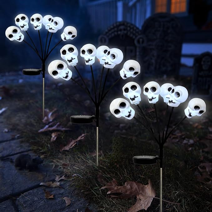 Solar Halloween Pathway Lights 3 Pack Skull Stake Lights Outdoor 2 Modes Cool White LEDs for Garden Yard Patio