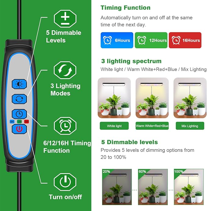 Wiaxulay Grow Lights, Full Spectrum Plant Light for Indoor Plants, Height Adjustable Desktop Grow Lamp with Auto Timer 6/12/16Hrs, 3 Lighting Modes,5 Brightness,Ideal for Potting Soil, 2 Pack