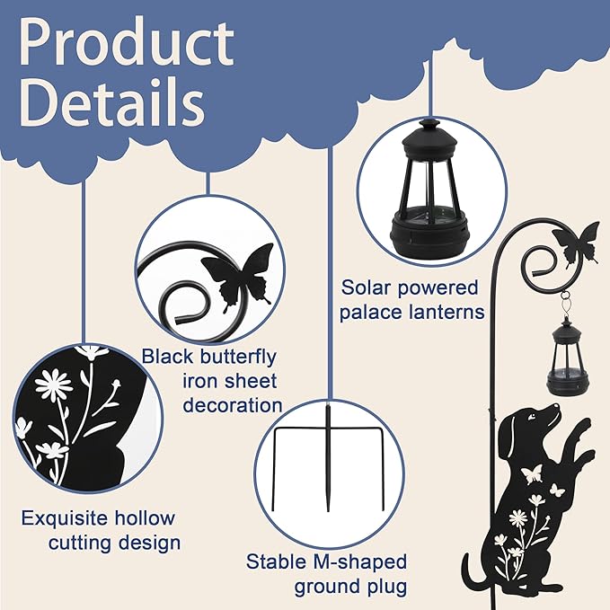 Solar Dog Lantern Garden Stakes - Outdoor Decorative Solar Lights for Yard, Patio, Pathway - Weatherproof Metal Dog Stake with Auto Night Lighting