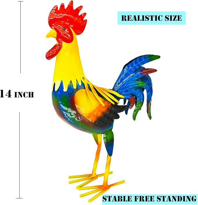 Metal Rooster Yard Art Outdoor Garden Decor Roosters Chicken Statue Decorations for Kitchen Home Lawn Patio, Multicolor