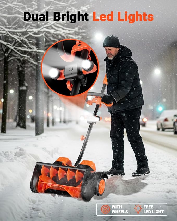 VOLTASK Cordless Snow Shovel with Wheels, 48V | 16-Inch | 4-Ah Brushless Cordless Snow Blower, Battery Snow Blower with Directional Plate & LED Lights (2 * 24V Battery & Dual Quick Charger Included)