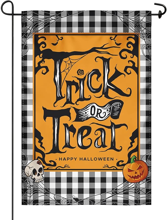Halloween Garden Flag Trick Or Treat Without Candy 12x18 Double-Sided Pumpkin Decoration Water Buffalo Grid Halloween Party Welcome Holiday Courtyard Outdoor Haunted House Decoration Flag (Cartoon)