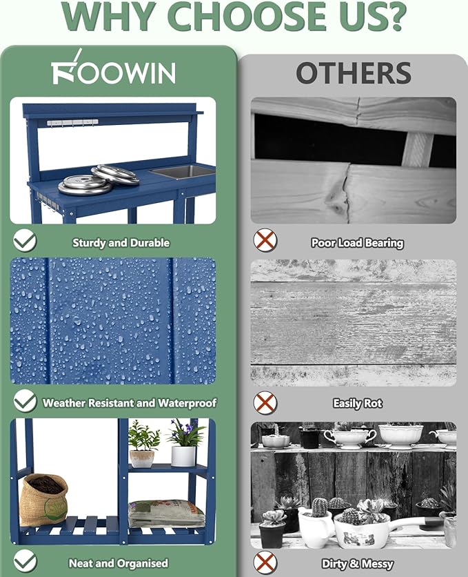 FOOWIN Potting Bench, HDPE Outdoor Potting Table with Sink, All-Weather Potting Benches for Outside, Gardening Table with Storage Shelf, Hook, for Garden, Patio, Lawns, Navy Blue