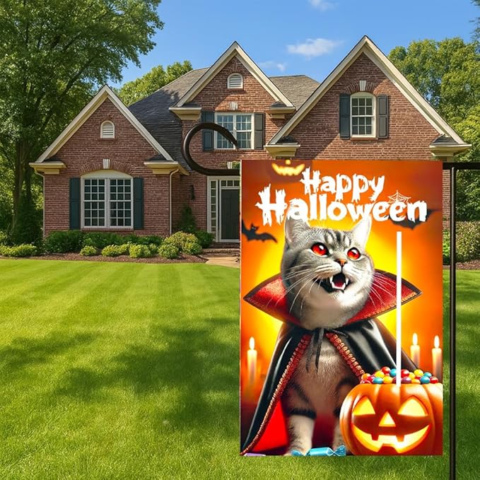 Halloween Garden Flag 11.81 x 17.72 Inch Gray Cat in Vampire Cape with Fangs Pumpkin Candy Bats and Happy Halloween Outdoor Yard Decoration for Holiday Party