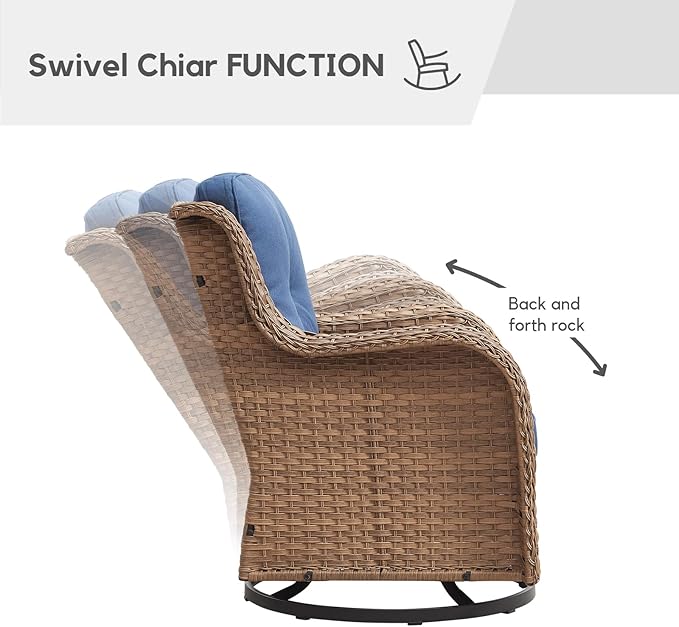 4 Piece Patio Furniture-All-Weather PE Wicker Outdoor Patio Furniture with Swivel Rocker Chairs,Outdoor Couch, Set with Coffee Table-Yellow/Blue