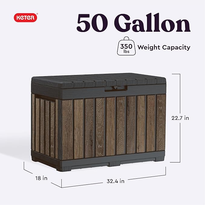 Keter Signature Everwood 50 Gallon Resin Outdoor Storage Box and Patio Furniture Side Table for Pool and Garden Accessories, Walnut