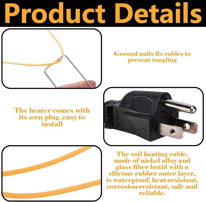 Adnee 59Ft Soil Heating Cable,Rubber Heating Warming Cable with Thermostat and Ground Stakes,Plant Soil Heater Cable for Cold Frame,Graden,Greenhouse Seed Grow