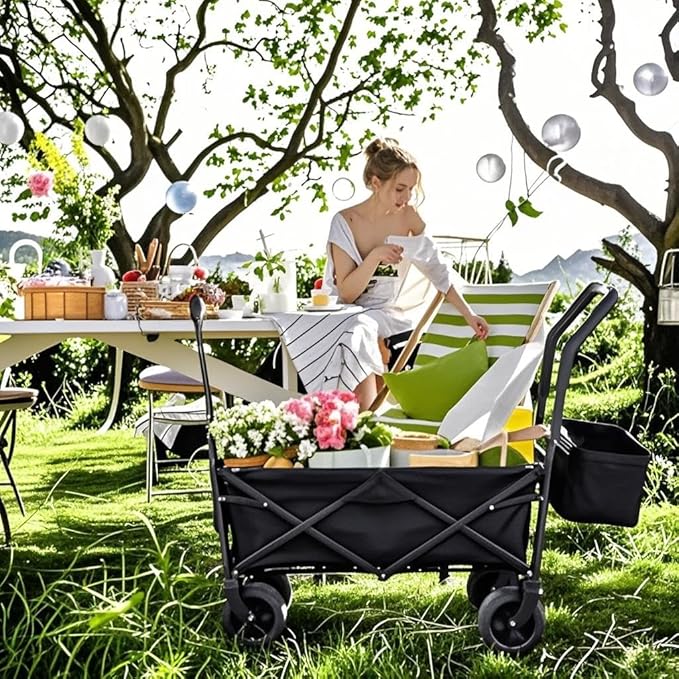 AthLike Extra Large Collapsible Wagon w/Removable Canopy, 250lbs/262L Capacity Foldable Garden Cart w/Rear Storage, Heavy Duty Push&Pull Utility Camping Beach Stroller w/Big Wheel&Adjustable Handles