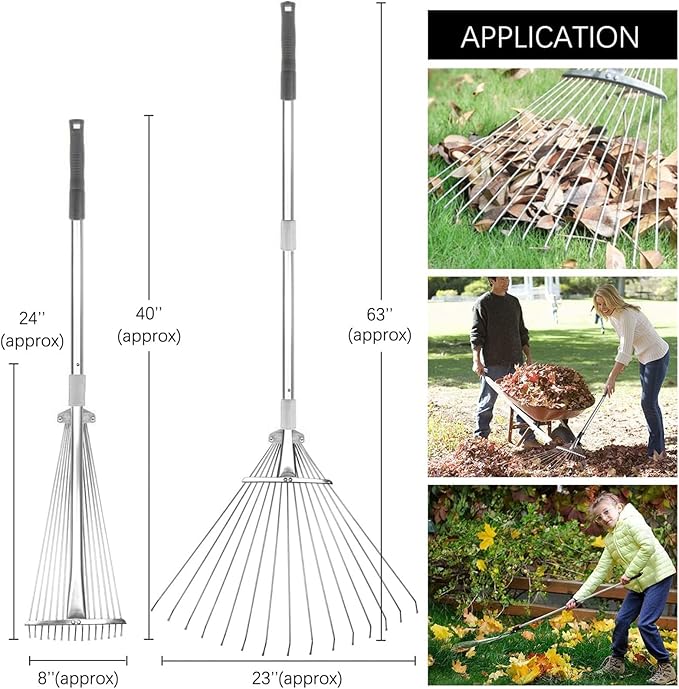 Buyplus Adjustable Garden Leaf Rake - 24 to 63 Inch Telescopic Metal Expandable Folding Leaves Rake, Metal Rakes for Leaves, Yard Rakes for Lawn Yard, Flowers Beds, Sliver