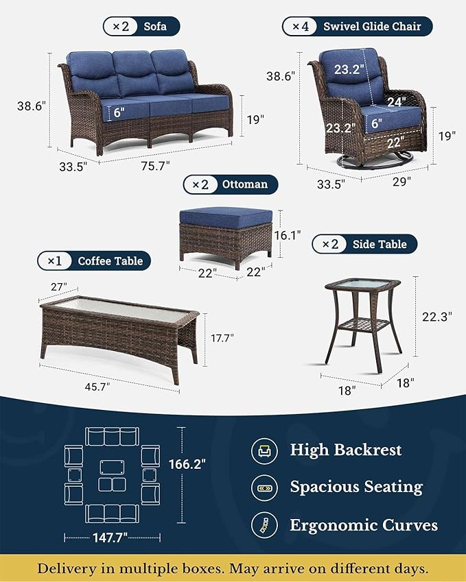 HILLGA Luxury Patio Furniture Set with 6-Inch Thick Cushions, High Back Outdoor Swivel Rocker Chairs and Patio Couch, 11-Piece All Weather Conversation Set for Porch Deck Pool Yard, Blue (V3)