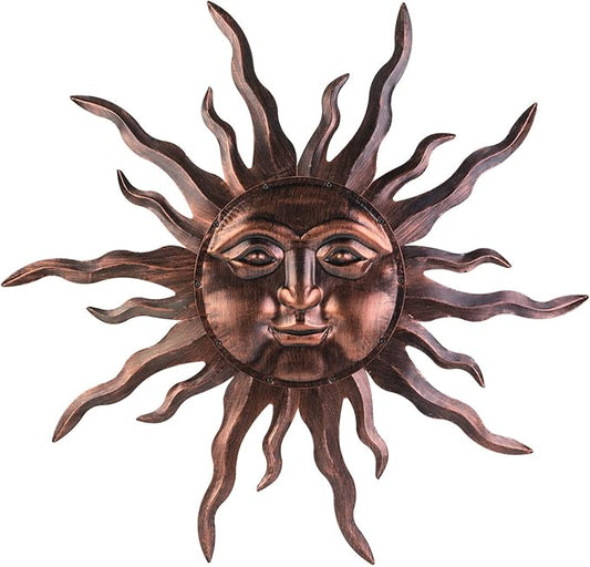 VZVXCC Large Metal Sun Wall Art Decor- 30 inches Sun Wall Hanging Decoration for Indoor Outdoor, 3D Sunshine Face Metal Wall Sculpture for Home Bedroom Living Room Office Garden Yard Patio(Bronze)