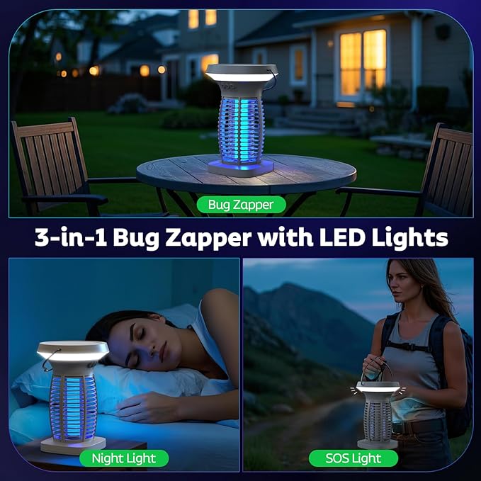Solar Bug Zapper Outdoor, Mosquito Zapper Outdoor Waterproof Electric Fly Zapper Rechargeable Mosquito Killer with Solar Panel, 4200V Fly Trap Indoor for Home Backyard, Patio, Garden, Camping