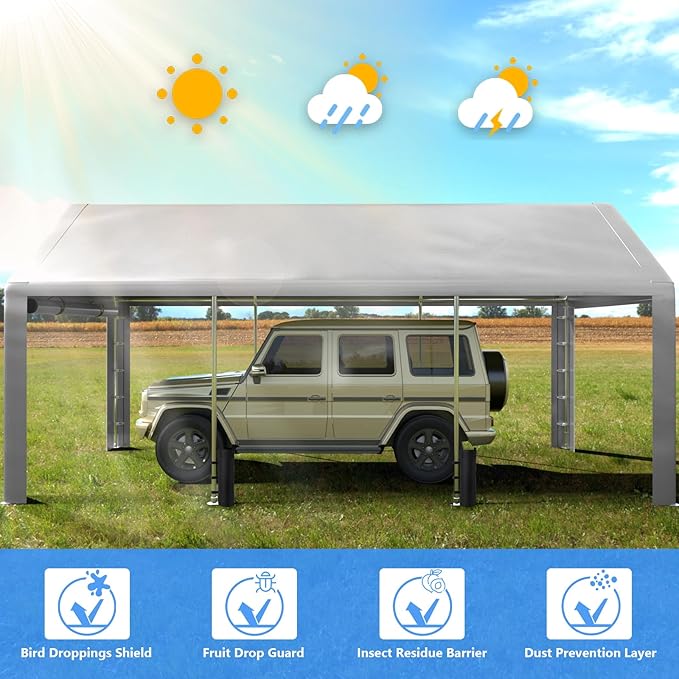 Carport 10x20 ft Heavy Duty with Roll-up Windows, Portable Garage with Removable Sidewalls & Doors, Car Canopy with Sandbags All-Season Tarp for Car Boat Truck Motorcycle
