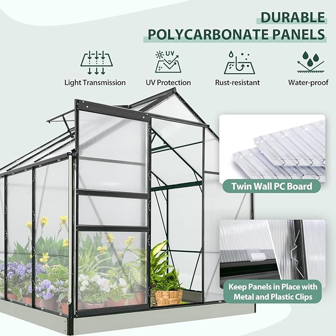 EAGLE PEAK 6x6x7 Outdoor Walk-in Hobby Greenhouse with Adjustable Roof Vent and Rain Gutter, Base and Anchor, Polycarbonate Aluminum Green House for Backyard Garden, Gray
