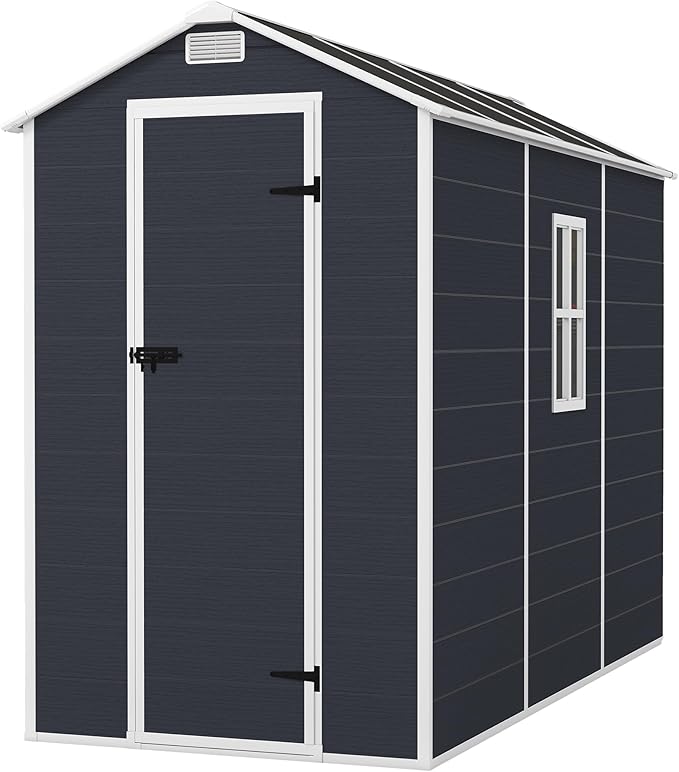 Resin Storage Shed 8x4ft, Outdoor Tool Shed with Floor, Window, Lockable Doors and Vents, 12mm Thick pp Board, Storage Sheds for Patio, Garden, Backyard, Lawn (Dark Gray, 4 * 8ft)