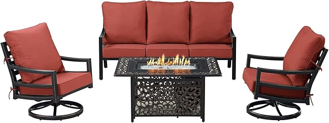 Oakland Living Black Aluminum Patio Fire Table Set with Deep Seating Sofa with Cushions and Two Club Chairs with Red Cushions