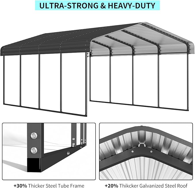 12x20 FT Metal Carport, Heavy Duty Car Port Canopy with Galvanized Steel Roof & Frame, Large Metal Carport Kit, Outdoor Car Garage, Steel Car Shelter for Car, Boat, Truck, Black