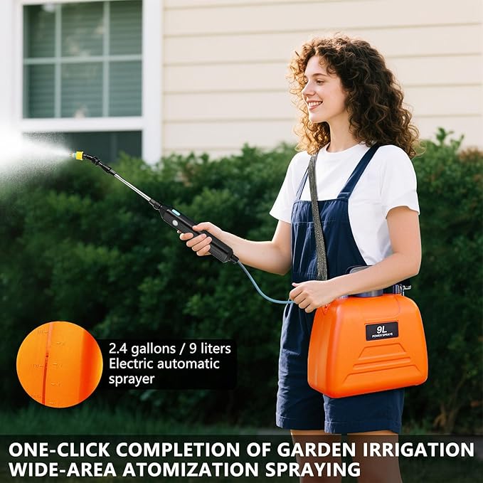 Battery Powered Sprayer, 2.4 Gallon Electric Garden Sprayer, Automatic Power Weed Spray Battery Operated with Adjustable Shoulder Strap and Rechargeable Handle for Yard, Lawn, 3 Mist Nozzles (Orange)