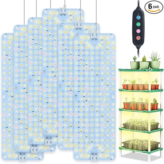 6Pack Flat Panel Grow Lights for Indoor Plants, Seed Starting, Vegetables with 4/8/12 Hr Timer, 60W Full Spectrum LED Plant Growing Lamps for Cabinet/Shelves/Greenhouse, Plug-and-Play, Connect Freely