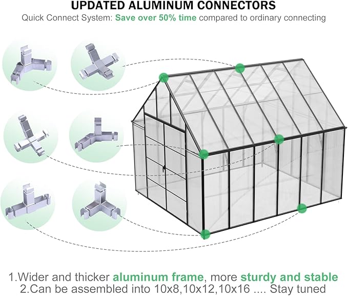 Greenhouse, 10x12 FT Easy Assembly Hybrid Polycarbonate Greenhouses for Outdoors w/2 Vent Windows & Swing Door Walk-in Greenhouses Aluminum Green House for Garden Backyard, Black