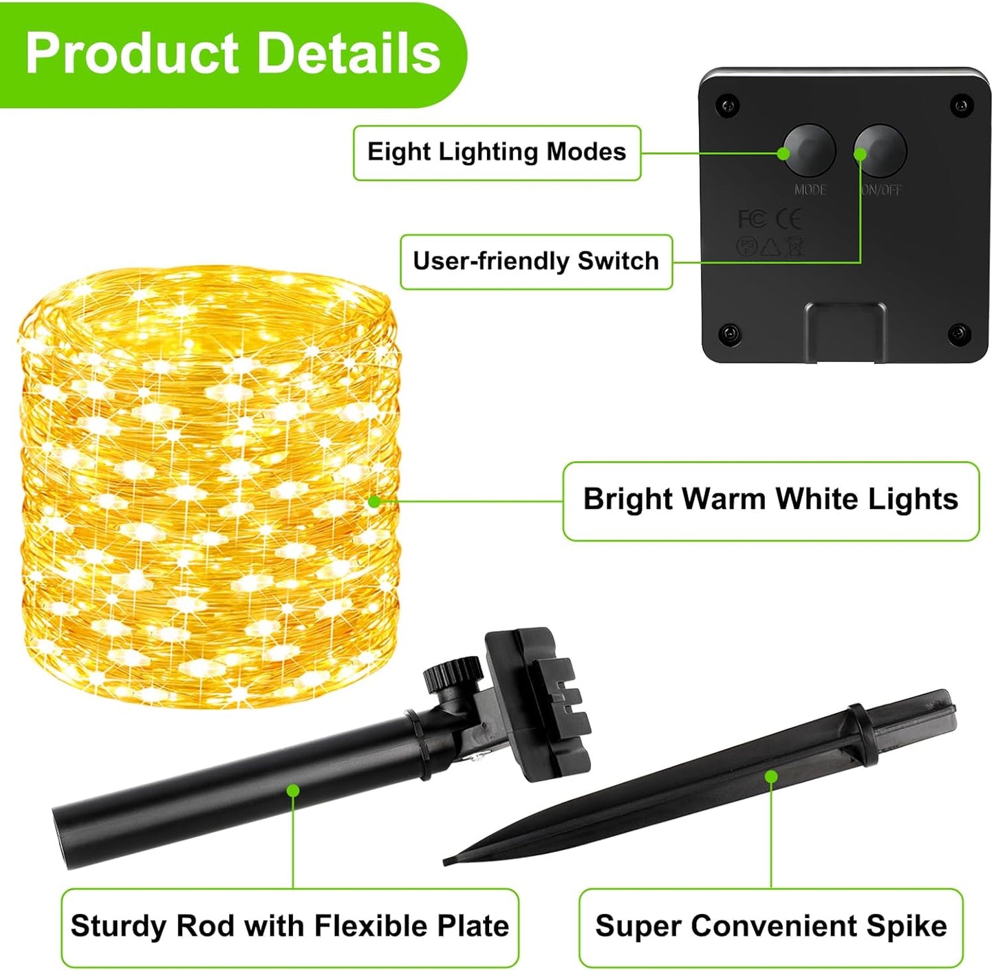 Brightever Outdoor Solar String Lights Waterproof, 2-Pack Total 80FT 200LED Solar Fairy Lights for Outside with 8 Lighting Modes, Solar Twinkle Lights for Yard, Christmas, Party (Warm White)