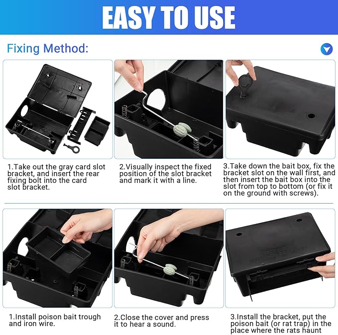 Qualirey Rat Bait Stations Large Rodent with Key Reusable Mouse Stations Mice Blocks Heavy Duty Boxes for Outdoor Rodents Mice Blocks, Bait Not Included(Black,6 Pack)