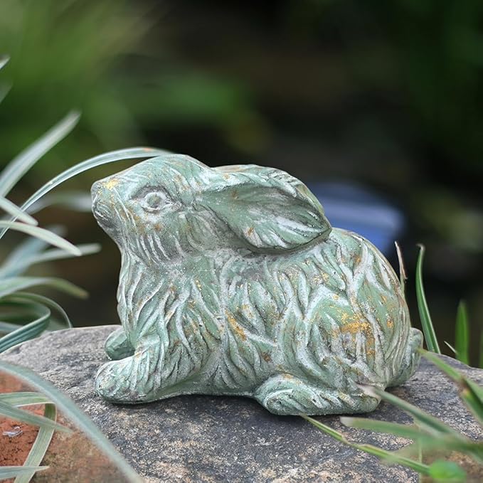 Garden Rabbit Statue Cement Bunny Decor Easter Bunny Figurines for Home Outdoor Garden Statues Cement Sculpture for Yard Patio Lawn Ornament, Green