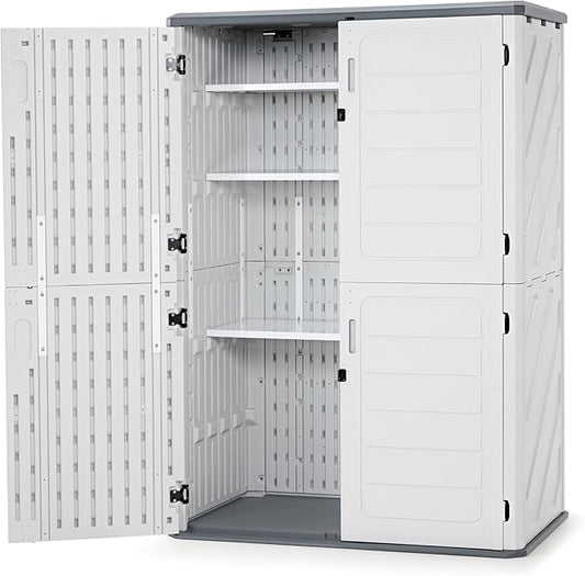 Macrout 50 Cu.Ft Plastic Outdoor Storage Cabinet with Shelves, 4.3 x 2.5 ft Waterproof Resin Outdoor Storage Shed with Floor, Lockable Vertical Shed for Garden and Patio