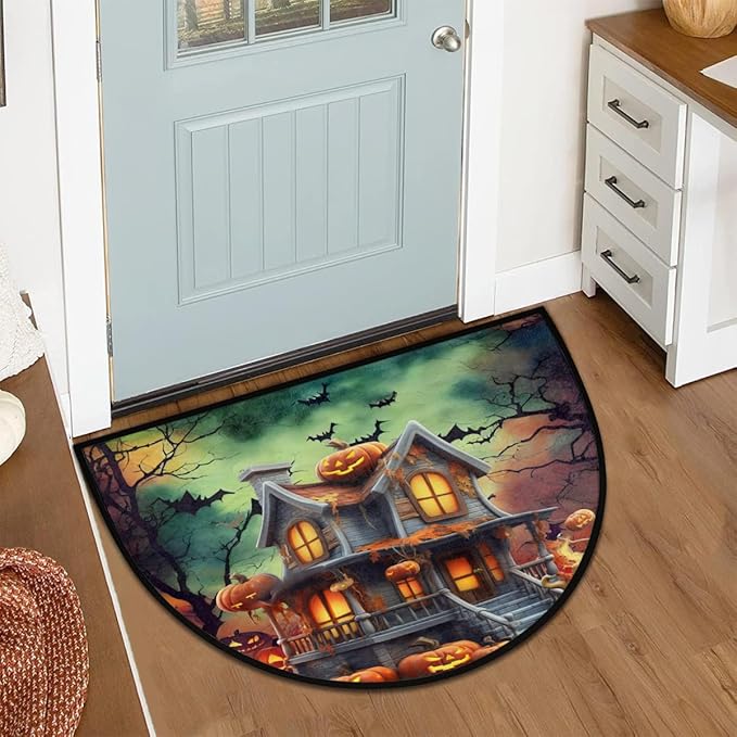 Halloween Half Round Door Mat, Halloween Castle Pumpkin Bats Semicircle Door Mats, Non Slip Area Rug Soft Doormat for Indoor Entrance Wear Resistant Welcome Mat for Garage Patio Home Decor 24 x 36 In