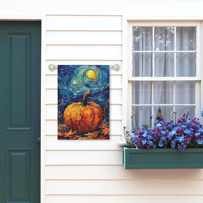 Fall Garden Flag Pumpkin Maple Leaf Yard Flags Van Gogh Wall Banners Art Starry Night Sky Moon Garden Flags Autumn Harvest Thanksgiving House Banner for Patio Farmhouse Outdoor 28 x 40 Inch