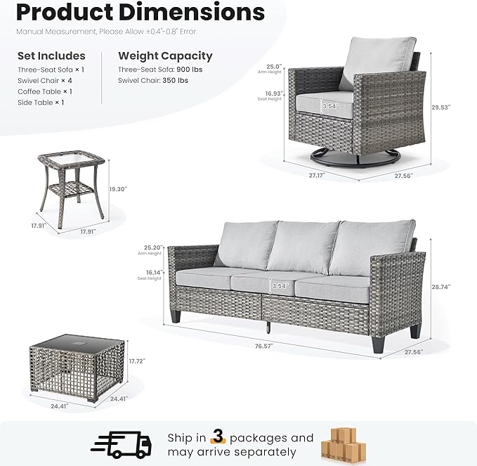 ovios 8 Pieces Patio Furniture Set with Swivel Chairs Rocking Gliders, Outdoor Sofa Couch with Solar Lights Table Comfy Cushions, Modern Deep Seat Wicker Rattan Conversation Set, Grey