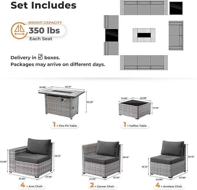 ovios 13 Pieces Patio Furniture Set, Outdoor Wicker Sectional Sofa with 42 Inch Fire Pit Table Comfy Cushions, Modern Modular Deep Seat Rattan Couch Conversation Set, Black