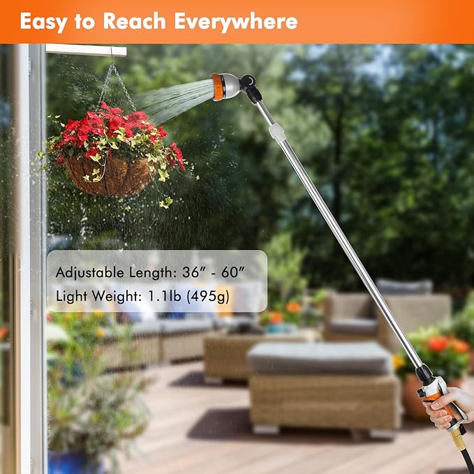 RESTMO Metal Watering Wand, 36”-60” Long Telescopic Tube | 180° Adjustable Ratcheting Head | 7 Spray Patterns | Flow Control, Perfect Garden Hose Sprayer to Water Hanging Baskets, Shrubs, Orange