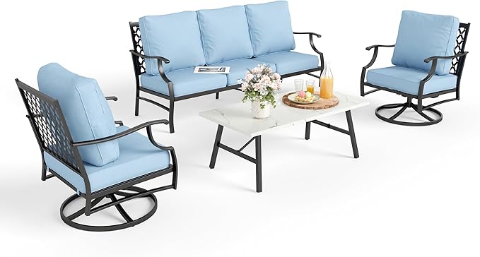 Patio Furniture Set 4 pcs, Metal Outdoor Patio Furniture, 3-Seat Sofa, 2 Swivel Chairs, Coffee Table and 5.75" Extra Thick Cushion, Patio Conversation Set for Garden Backyard Deck,Blue