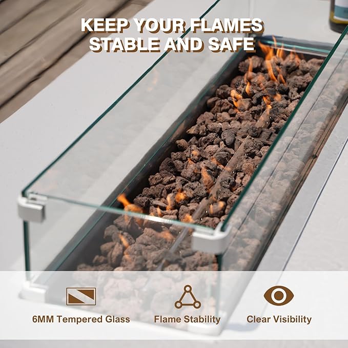 2-Piece Outdoor Propane Fire Pit Table Set – Premium Marble-Like MgO Finish, 56-Inch Gas Fire Table with Glass Wind Guard for Patio, Garden & Backyard, Includes Rain Cover & Lava Rocks