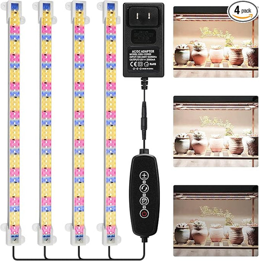 Mosthink Grow Lights Full Spectrum, LED Grow Lights Strips for Indoor Plants,Plant Lights with Auto On Off Timer 3 6 12H,5500K Dimmable Plant Growing Lamp with 204 White Red Blue LEDs, 4 Packs in 1