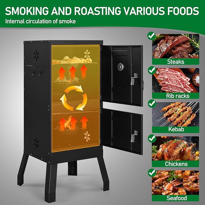 BBQ Smoker Grill with 2 Doors, Vertical Charcoal Smoker with 2 Detachable Grill Racks, Charcoal Pan & Water Pan, Outdoor Meat Smoker with Thermometer, 4 Air Vents, Idea for Parties, Backyard
