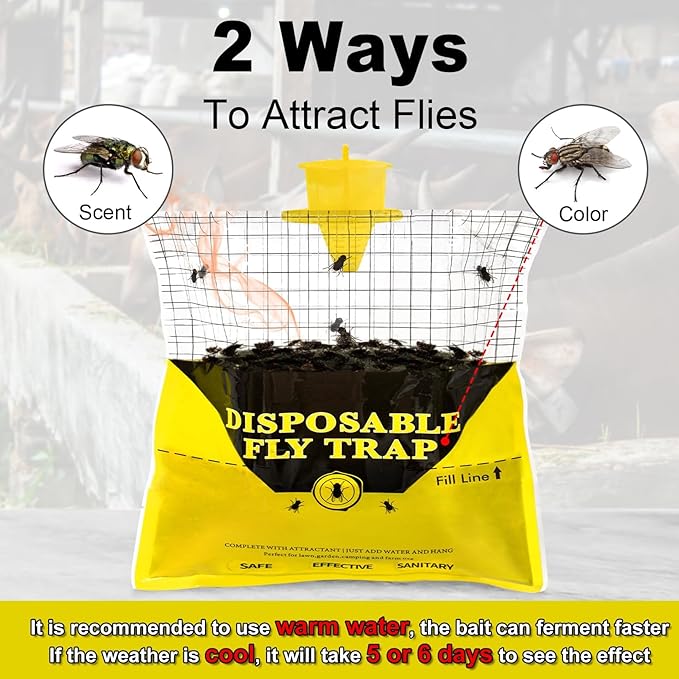 Glovv Fly Traps Outdoor Hanging with Bait, 12 Pack Disposable Flies Bags Hunter Ranch Trap, Control Bug Catcher Killer Repellent for Stable Horse Barn & Farm