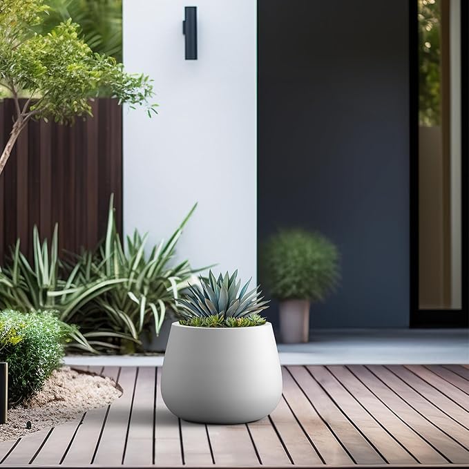Kante Curva Series Planter, 10.2 Inch Round Concrete Flower Pot with Draiange Hole and Rubber Plug, Suitable for Indoor Plants, Home, Garden, Patio, White