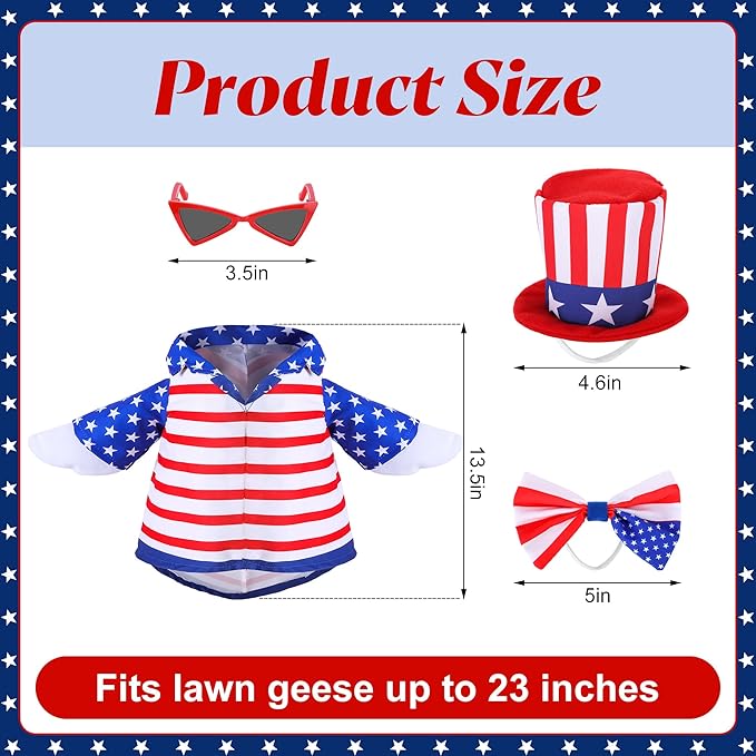 4 Pcs/Set 4th of July Porch Goose Outfit, 23" High Lawn Goose Statue Patriotic Costume Clothing, Independence Day Porch Garden Geese Clothes with Hat Glasses Bow Tie for Outdoor Patio Yard Decoration