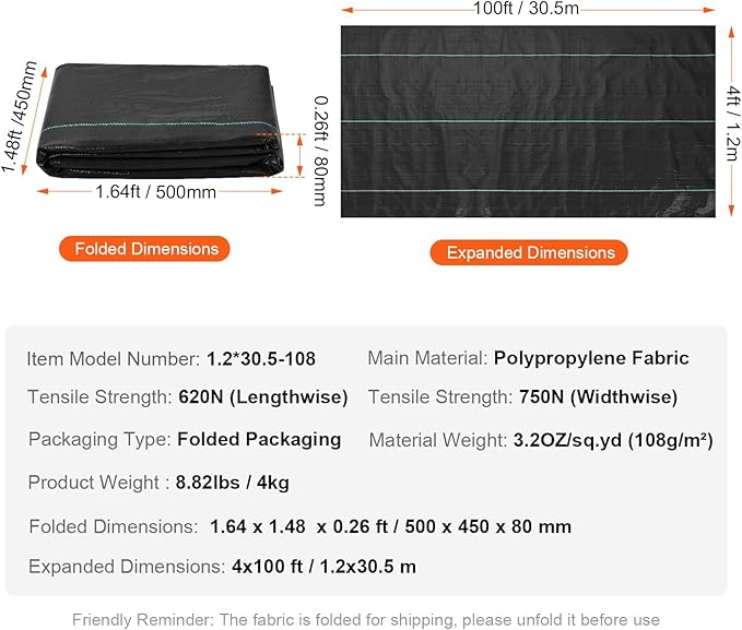 VEVOR Weed Barrier Landscape Fabric, 4*100FT Heavy Duty Garden Weed Fabric, Woven PP Weed Control Fabric, Driveway Fabric, Geotextile Fabric for Landscaping, Ground Cover, Weed Blocker Weed Mat, Black