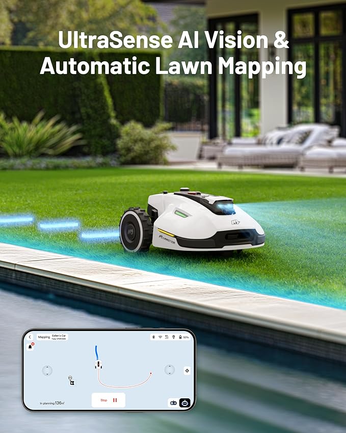 YUKA 3000 Robot Lawn Mower with 4G, Reception 0.75 Acre, Max. 1 Acre,Ultrasense AI Vision & RTK, Auto Mapping,App Control, 45% Slope, Wireless Perimeter, 2 Cutting Discs,30 Mowing Zones
