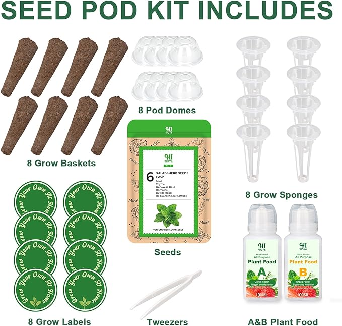 Gourmet Herb & Salad Seed Pod Kit, 8 Pod (Include Seed Basil/Mint/Thyme/Romaine/Butter Head/Red&Green Leaf) Lettuce Seed Pod Kit Compatible with All Hydroponics