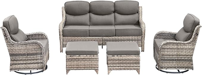 Luxury High Back Outdoor Furniture with 6-Inch Thick Cushions, Patio Furniture Set with Swivel Chairs, 5 PCS Wicker Conversation Set for Porch, Balcony, Deck and Yard