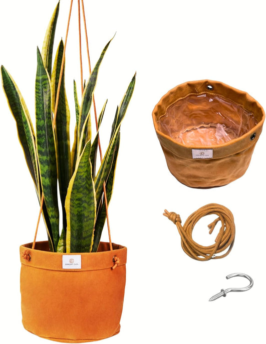 Large Waxed Canvas Handmade Hanging Planter for Indoor/Outdoor Plants, Hanging Basket Plant Holder Dijon Yellow with Hook